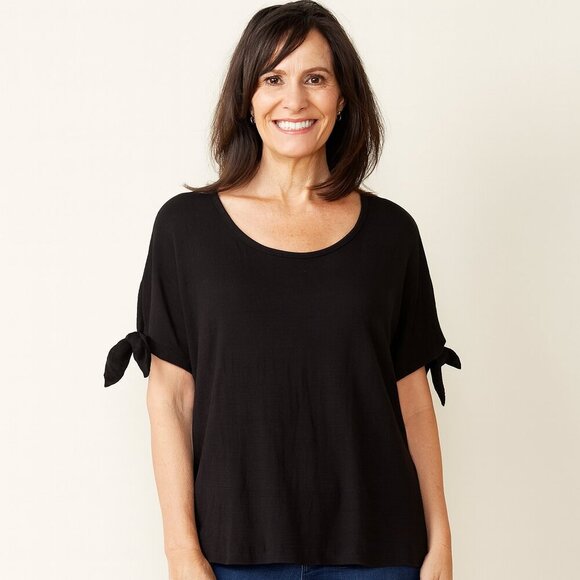 Max Studio Black Tie-Sleeve Blouse – Classic Scoop Neck, Effortless Style - Picture 1 of 6